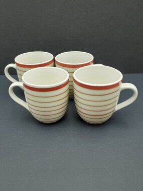 tag Striped Coffee Mugs Off-White Mugs with Rust and Light Green Bands